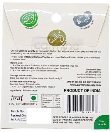 Carmine County Pure and Natural Kashmiri Saffron 1 g Grade I Mongra Saffron - Buy Online on GoSupps.com
