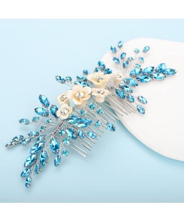 Bridal White Flower Blue Crystal Rhinestone Hair Comb for Bride - Wedding Hair Accessories - Buy Online on GoSupps.com