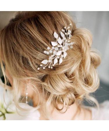 Unsutuo Bride Wedding Hair Comb Silver Pearl Bridal Hair Piece Leaf Wedding Hair Accessories Rhinestone for Women and Girls