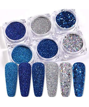 6 Boxes Holographic Nails Glitter Powder Nail Art Supplies Metallic Shining Flakes Blue Silver Nail Glitter Set for Nails Art Decoration Type1-Blue