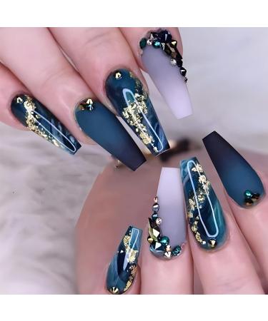 Long Press on Nails with Designs  Coffin Fake Nails Dark Blue Acrylic Nails Marble False Nails Luxury Stick on Nails Full Cover Artificial Nails Glitter Wave Rhinestones Cute Nails for Women Girls E4