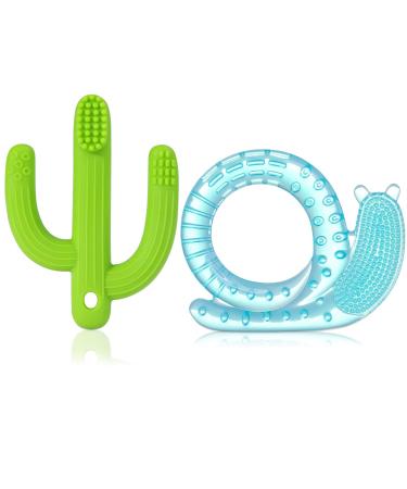 Silicone Baby Teething Toys Set Cold Frozen Teethers Toys Soothe Infant Baby Teething Relief Chew Toys BPA Free Training Toothbrush for Babies 0-18 Months - Cactus and Snail Blue/Green-2pack