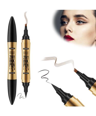 KKTONGXI 2 in 1 Eyebrow Tattoo Pen, Magic Eyebrow Pencil with 4 Fork Tip and Eyeliner - Double Head Waterproof Microblading Eyebrow Pencil.(Light Brown)