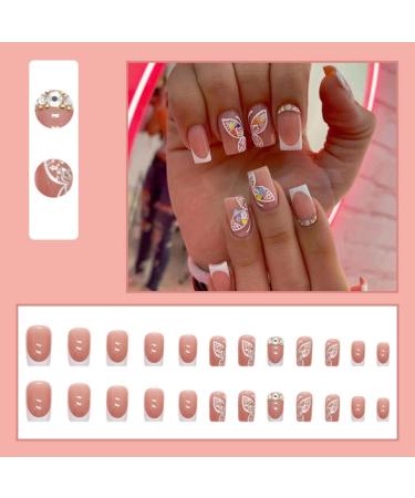 JUSTOTRY 24 Pcs Diamond Short Butterfly White French Press on Fake Nails with Nail Glue - Squoval Shape Medium Length for Women's Nail Art - Buy Online on GoSupps.com