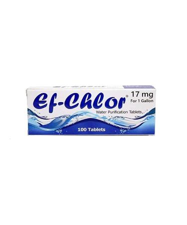 Ef-Chlor Water Purification Tablets (17 mg - 100 Tablets) - Portable Drinking Water Treatment - Ideal for Emergencies Survival Travel and Camping Purifies 1 Gallon Water in 1 Tablet