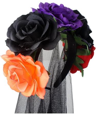 Day of The Dead Floral Crown Headband Halloween Gothic Flower Garland with Black Veil Hairband Cosplay Wedding Costume Rose Flower Headpiece for Women - Buy Online on GoSupps.com