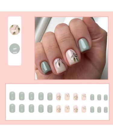 Justotry 24 Pcs Olive Short False Nails - Trendy Green Leaves Pattern | Medium Squoval Press-On Nails with Nail Glue for Women and Teens - Buy Online on GoSupps.com
