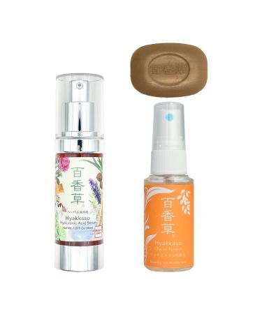 Hyakkaso Hyaluronic Acid Herbal Serum Mini Toner&Soap Set High Moisturizing and Acne Care Japanese Skincare 30ml (1.01 fl Oz)