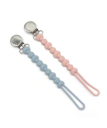 Pacifier Clip for Soothie PAPACHOO 2 Pack Paci Holder for Baby Boys Girls BPA Free Silicone Beads Teething Relief Teether Toys Soothie Binky Clips (Dusty Blue&Light Pink)