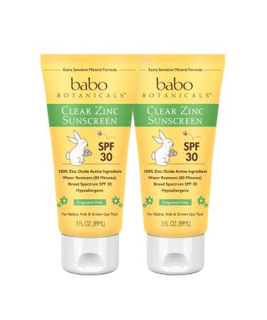 Babo Botanicals Clear Zinc Sunscreen Lotion SPF 30 with 100% Mineral Actives Non-Greasy Water-Resistant Fragrance-Free Vegan For Babies Kids or Sensitive Skin 3 Fl Oz Pack of 2 3 Fl Oz (Pack of 2)