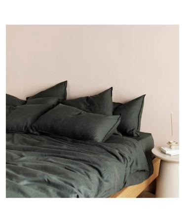 100% Linen 3Pcs Bedding Set Natural Flax Breathable Quilt Cover and Pillowcases Down Cover Soft (Black Twin)