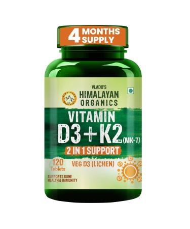 Himalayan Organics Vitamin D3 with K2 As MK7 Supplement- 120 Veg Tablets