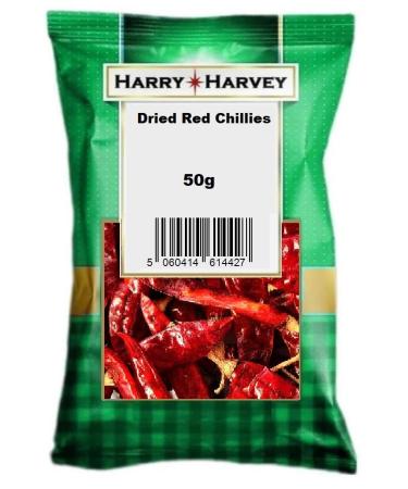 50g Harry Harvey Dried Red Chillies Whole for curries rice sun dry kashmiri chilli spice herb seasoning hot long Mirch pepper