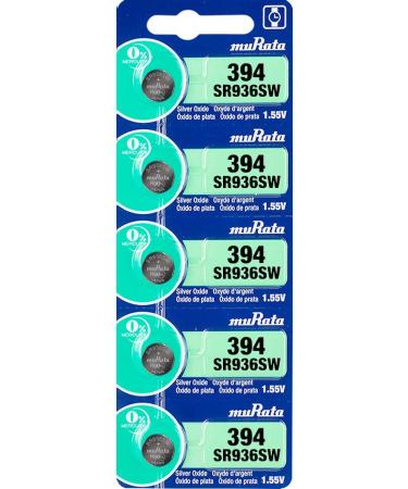 Murata 394 Battery SR936SW 1.55V Silver Oxide Watch Button Cell (5 Batteries)