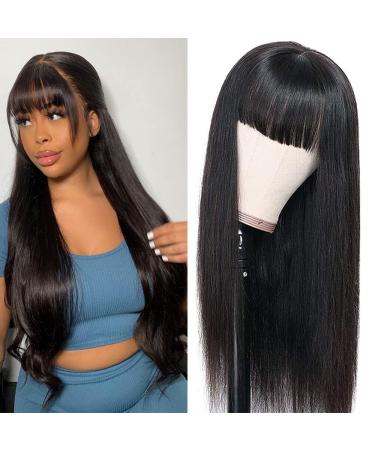 Glowig Straight Human Hair Wigs with Bangs Brazilian Virgin None Lace Front Wigs Glueless Machine Made for Black Women wigs for black women (130% Density Natural Black  16 inch) 16 Inch Black-Straight