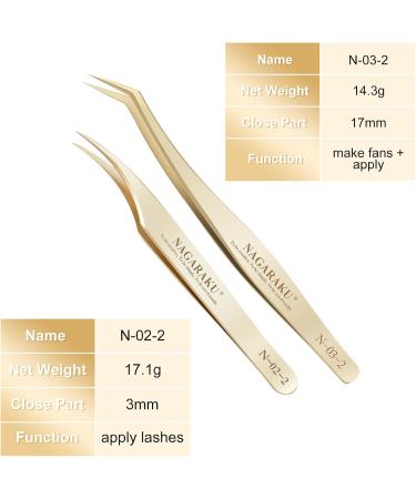 Buy Nagaraku Professional Precision Tweezers for Eyelash Extensions - Gold Straight & Curved - Lightweight Stainless Steel - Easy Fan - N-02-2 & N-03-2 | International Shipping - Buy Online on GoSupps.com