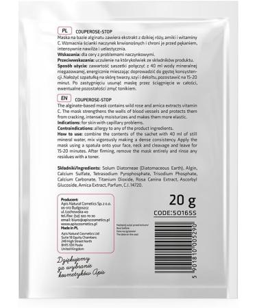 Bee APIS Cooperose Top Algae mask for couperose skin with dog rose arnica and vitamin C relief of sensitive couperose skin 20 g - Buy Online on GoSupps.com