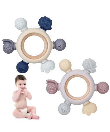 Bite ring for babies 2 pieces of bite ring baby bite ring toys made of silicone and wooden rings bite ring made of silicone bpa-free dental aid Nursing accessories for 3 months