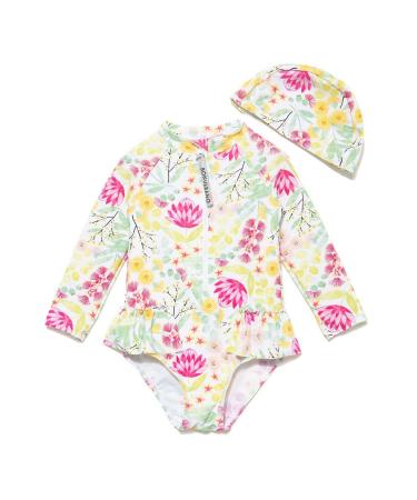 BONVERANO Baby Girls Swimsuit Toddler Bathing Suit Long-Sleeve Zipper One Piece Swimwear with UPF 50+ Sun Protection 2-3 Years Lotus