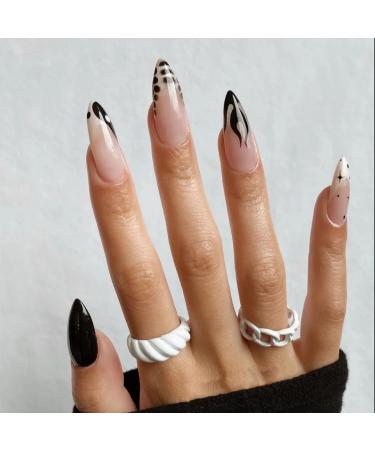 Justotry 24 pieces flame almond nails to stick on short black French artificial nails funky nude oval artificial nails press on nails acrylic fingernails fake nails short for women black & flame 1