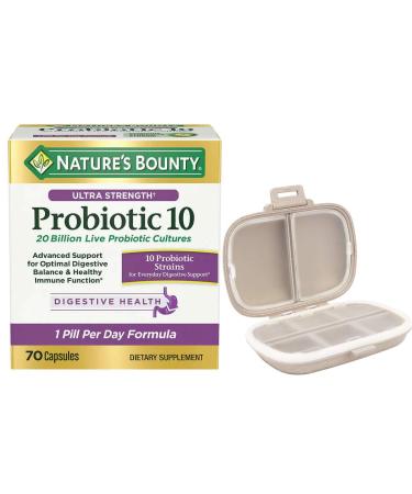 Natures Bounty Ultra Strength Probiotic 10 70 Capsules Bundle with a Travel Pill Organizer 8 Compartments Portable Pill Case Color Khaki