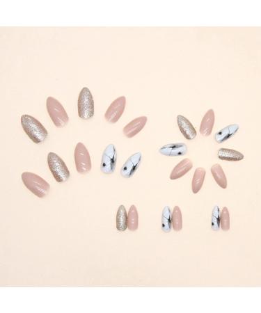 JUSTOTRY 24 Pcs Short Marble Stiletto False Nails - Nude French Glitter Press On Nails with Nail Glue - Trendy Almond Stick On Nails for Women - Buy Online on GoSupps.com
