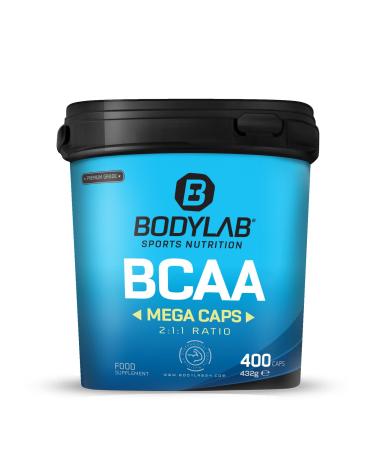BODYLAB24 BCAA Mega Caps 400 capsules 1800mg BCAA in a ratio of 2: 1: 1 per portion contains the essential amino acids L-Leucin L-ISOLEUCIN and L-VALIN simple dosage thanks to practical capsule form 400 pieces (1 Pack)