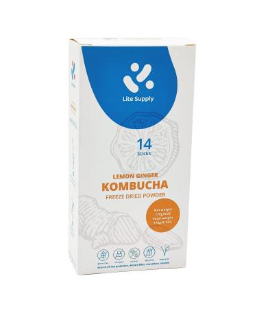 Lite Supply Kombucha Tea Powder, 14 Sticks Probiotic Drink, Fresh Lemon Ginger Flavor, Natural Blend of Probiotics, and Vitamins C and B, Portable Freeze-Dried Servings