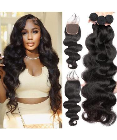 Bundles with Closure Human Hair (24 26 28+22) Free Part HD Lace Closure Body Wave Bundles 10A Unprocessed Brazilian Virgin Hair Body Bundles with Closure Pre Plucked with Baby Hair 150% Density Body Wave Bundles with Closure 24 26 28+22Closure