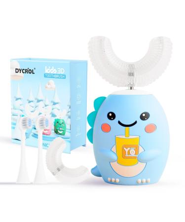 Kids U Shaped Electric Toothbrush with 4 Brush Heads, Sonic Toothbrush Kids with 5 Modes, Cartoon Dinosaur 360-Degree Cleaning IPX7 Waterproof Design (2-6 Age (Blue)) Blue (2-6age)