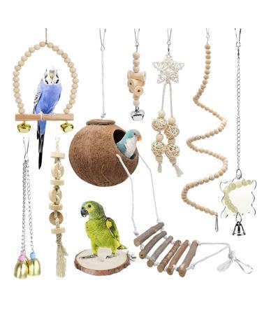 TOLMIOW 9 Pieces Parrots Chewing Natural Wood and Rope Bungee Bird Toy for Anchovies, Coconut Hideaway with Ladder ,Bird Perch Stand, Bird Cage Accessories, Parakeets, Cockatiel, Conure, Mynah, Macow