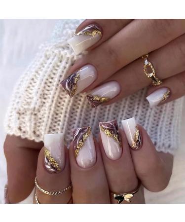 Square Fake Nails Medium Press on Nails Full Cover False Nails with Artificial Glossy Designs Acrylic Artificial Gold Edge Brown Nails Acrylic Glue on Nails Stick on Nails for Women style3