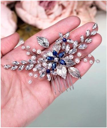 Bridal Sapphire Crystal Hair Comb Pearl Blue Crystal Leaf Marquise Hair Piece Prom Party Festival Wedding Hair Accessories for Women and Girls (Silver) Snap Clips - Buy Online on GoSupps.com