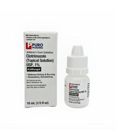 Puro Pharma Clotrimazole 1% Antifungal Topical Solution | Fast-Acting Relief for Athlete's Foot Jock Itch Ringworm | Soothes Itching & Burning Small Clear