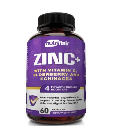 NutriFlair Zinc 50mg - with Vitamin C Elderberry Echinacea Purpurea Extract Zinc Oxide - Compare with picolinate Citrate Oxide - Complete Immune Support Formula Pills with 4 Immune Defense