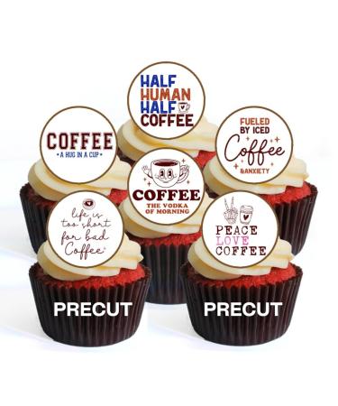 PRECUT Coffee Lover Edible Cupcake Toppers - Coffee Quotes Theme Premium Thickness SWEETENED VANILLA - wafer card disc cake decorations (Pack of 12)