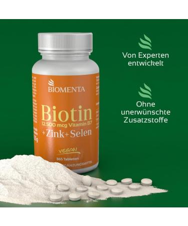BIOMENTA Biotin + Zinc + Selenium - 365 High-Dose Vegan Tablets | 12 500 mcg Biotin - Premium Quality for Healthy Hair Skin & Nails - Buy Online on GoSupps.com