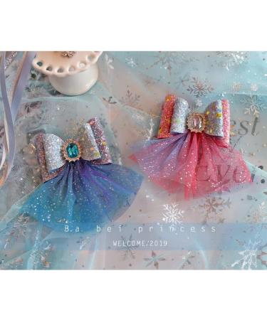 FASHION YO Elsa Princess Bow Sparkling Snow Diamond Fancy Costume Party Girls Kids Hair Clips Alligator Barrettes Accessories Bows Hairpins with Long Ribbon (Blue Diamond with Lace) - Buy Online on GoSupps.com