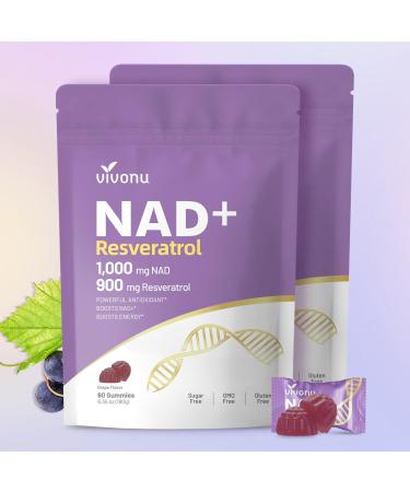 NAD Supplement NAD+ Resveratrol Gummies 60 Count Ultra Pure Organic - Enhanced Absorption - with 1000mg NAD and 900mg Resveratrol | Antioxidant Support & Cellular Energy (120 Gummies /2 Bags)