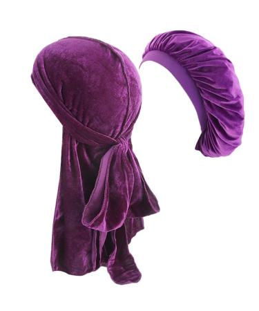 BUYITNOW Unisex Velvet Durag Long Tail and Printing Hair Wrap Sleeping Bonnet Hat Set for Men Women  Waves  Frizzy Curly Hair Purple