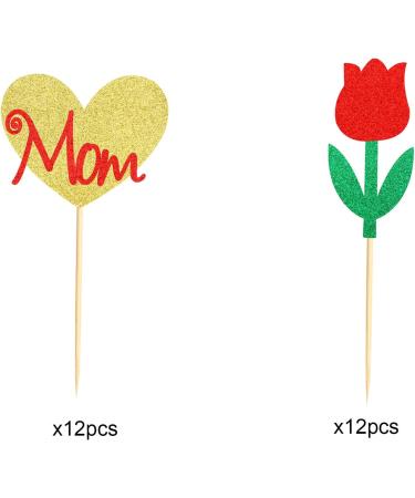 Arthsdite Happy Mothers Day Cupcake Toppers Flower Cupcake Picks Love Mom Heart Cake Decoration Party Supplies for Mother's Day Party Decorations Supply- Red Glitter Red Flower - Buy Online on GoSupps.com
