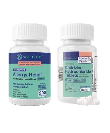 WELMATE Comprehensive Allergy Relief Pack: Fexofenadine HCl 180mg (200 Ct) & Cetirizine HCl 10mg (500 Ct) | Extended 24hr Allergy Defense