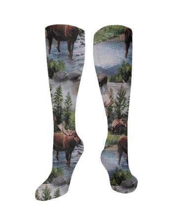 Bull Moose Nature Scenic Wildlife Animals Lake Lake Compression socks for women and men with a circulation of 15 20 mmHg is the best support for sporty running and cycling