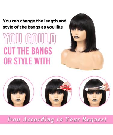 10 Inch Short Bob Human Hair Wig with Bangs - 150% Density Straight Bang Bob for Women (Natural Black) - Buy Online on GoSupps.com