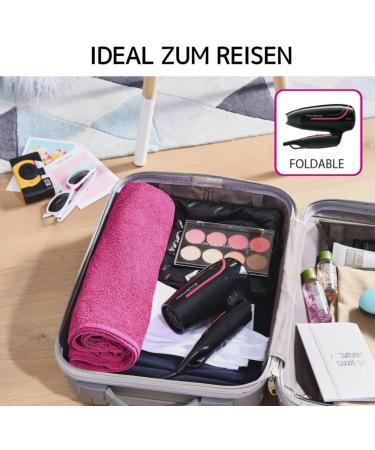 Rowenta CV3323 Nomad Travel Hair Dryer | 1600W Compact & Foldable | Dual-Voltage for Worldwide Use | 2 Heat Settings | Lightweight Design | Black/Pink Trip - Buy Online on GoSupps.com