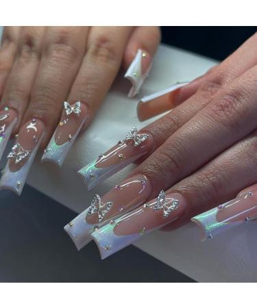 24 Pcs French Tip Press on Nails Long Coffin Fake Nails with Butterfly Design Butterfly Nail Charms Design Acrylic Nails Supply White French Tip False Nails Stick on Nails for Women Girls Butterfly 1