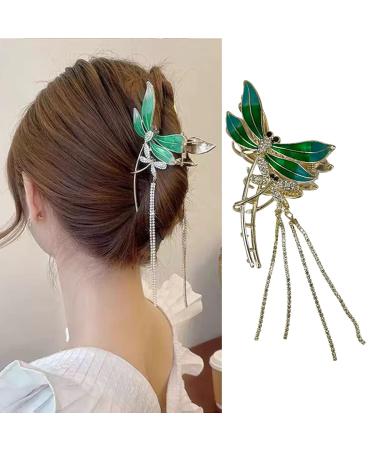 Dragonfly Hair Claw Clips Tassel Hair Clips Summer Hair Styling Accessories Green Dragonfly Tassel Rhinestone Design Hair Clamps Barrette Hair Clips for Women Girls Hair Clip for Thick Hair