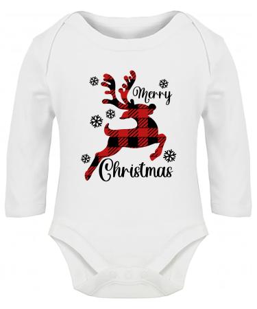Hippowarehouse Merry Christmas Reindeer Buffalo Plaid Pattern Red Black Baby Vest Bodysuit (Long Sleeve) Boys Girls