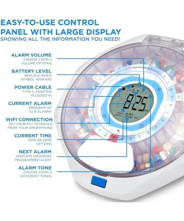 Yssevlon WiFi Automatic Pill Dispenser 28-Day Organizer Up to 9 Doses Per Adjustable Light/Sound Alarms for Prescriptions 1 PCS - Buy Online on GoSupps.com
