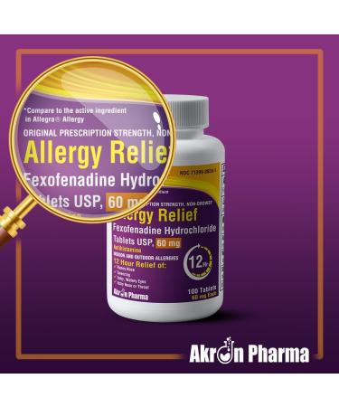 Akron Pharma Allergy Relief Fexofenadine Hydrochloride 60 mg Non-Drowsy Antihistamine Allergy Symptom Relief 100 Tablets - Buy Online on GoSupps.com